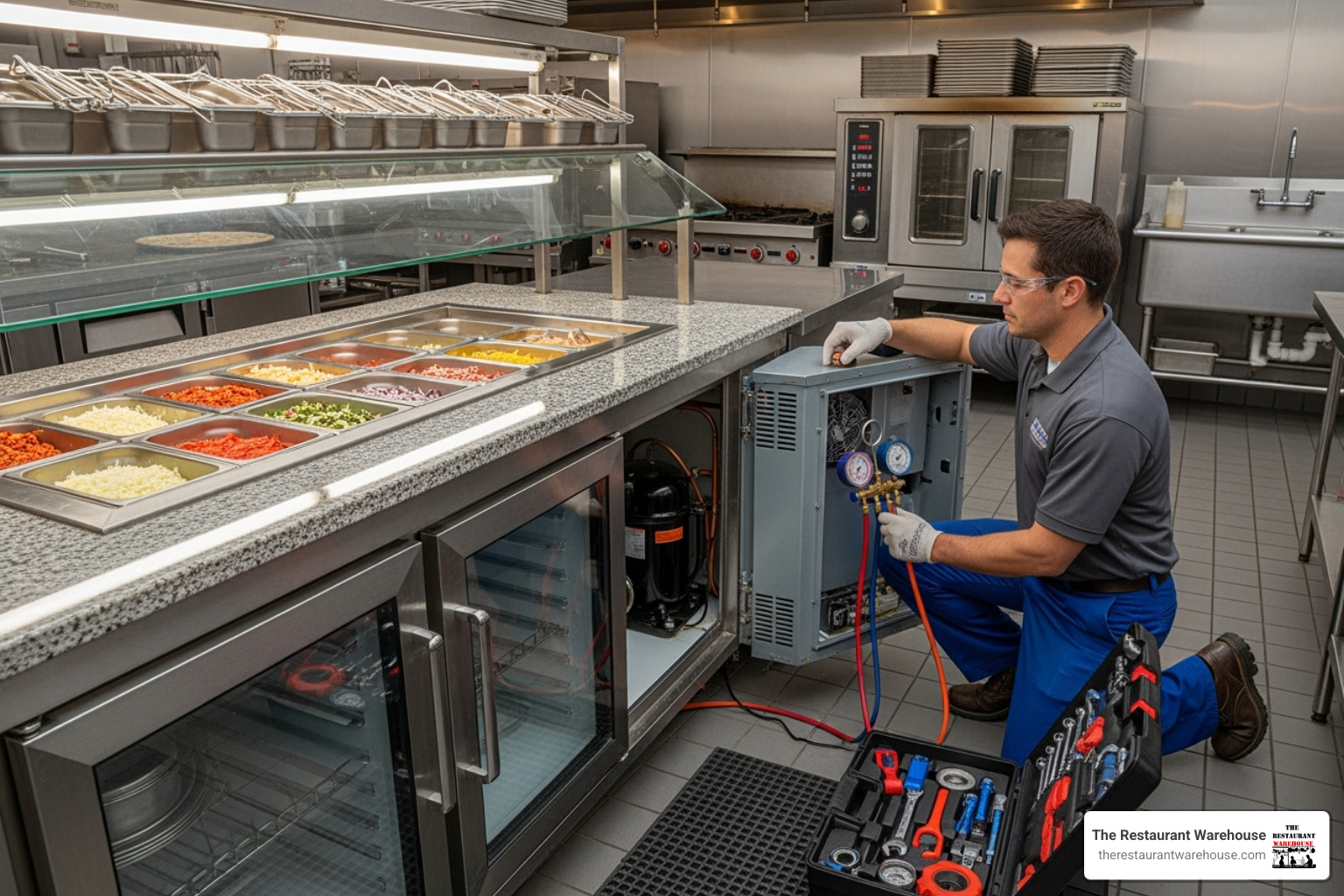 Technician servicing the side-mounted compressor of a pizza prep table - granite top pizza prep table