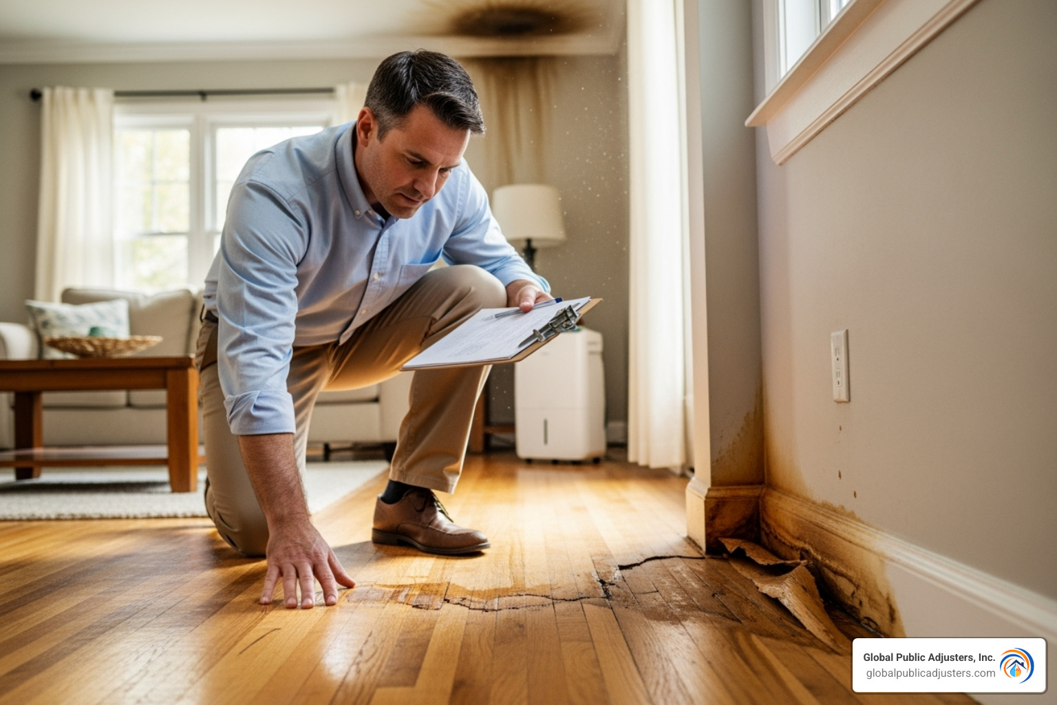 Image of a public adjuster inspecting property damage - cast iron pipe claims