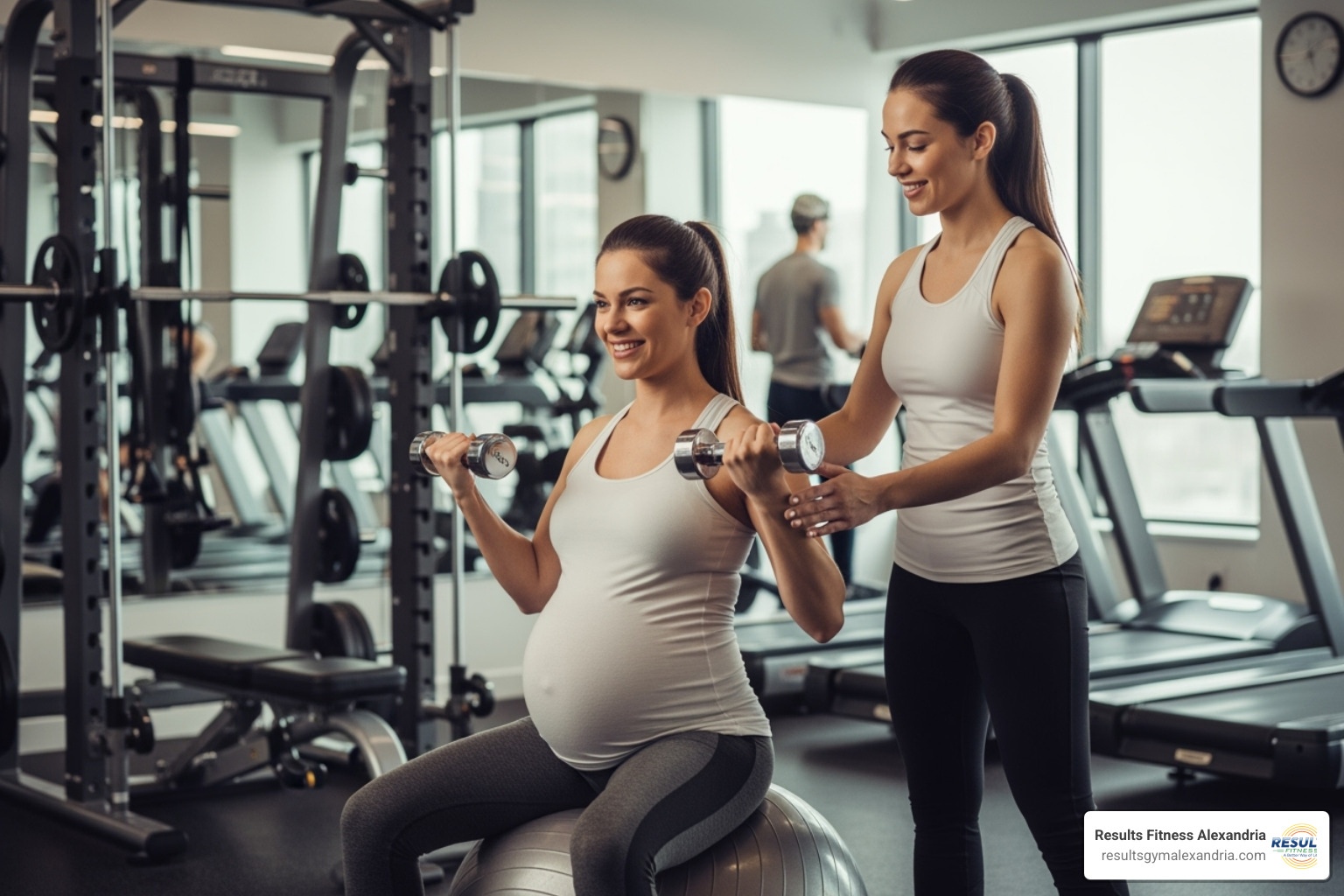 pregnant woman doing safe, modified exercises with a trainer - personal training for women pregnant woman doing safe, modified exercises with a trainer - personal training for women