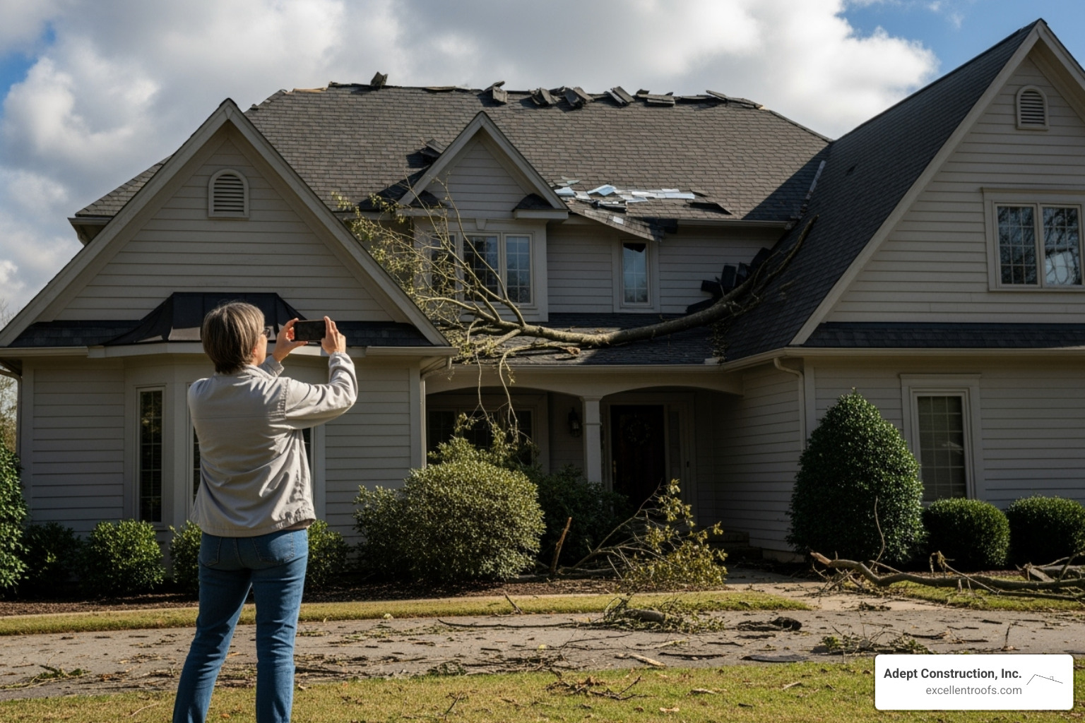 homeowner photographing roof damage - roof repair near me