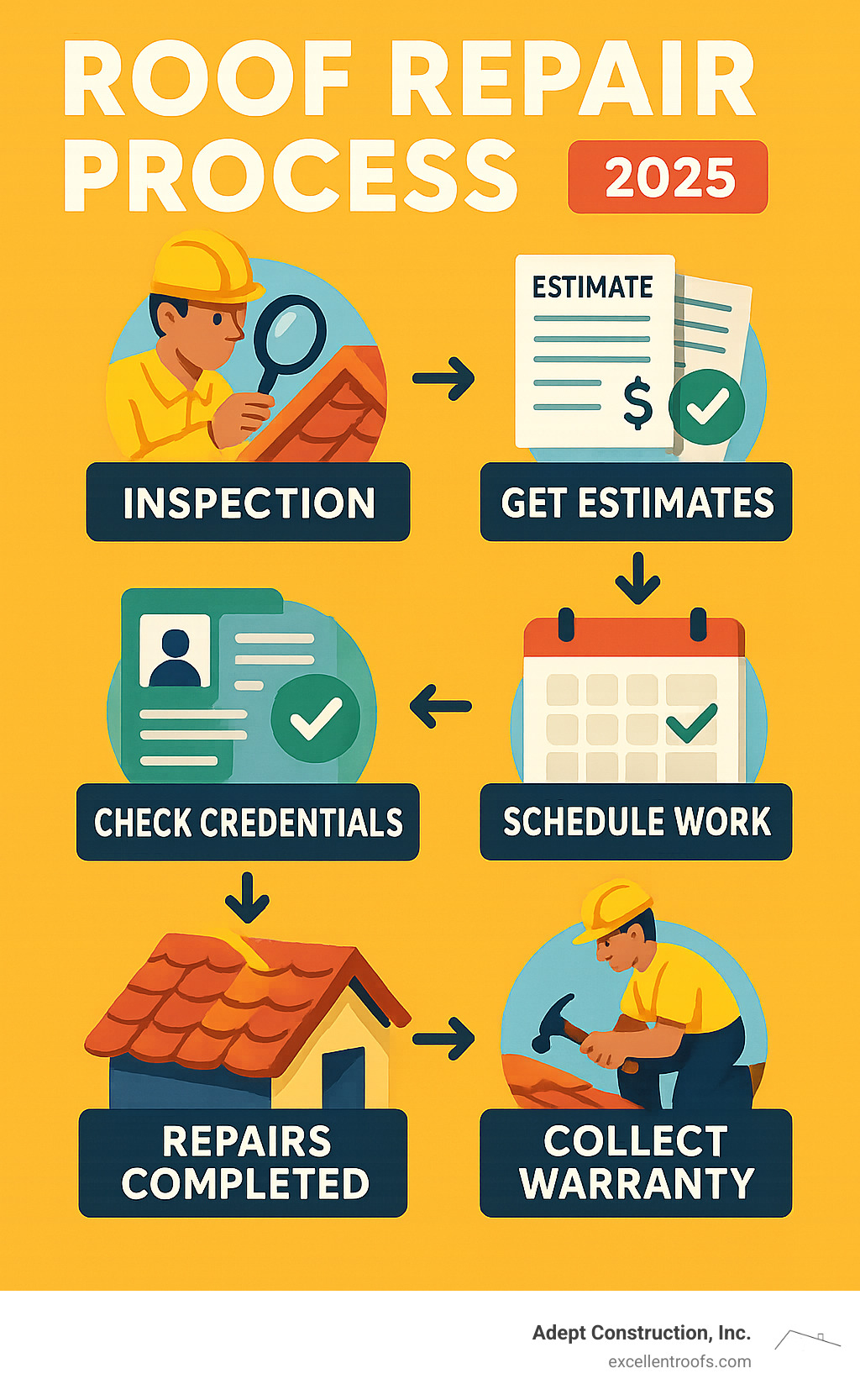 Infographic showing roof repair process from initial inspection through completion, including steps for getting estimates, checking contractor credentials, scheduling work, and final warranty collection - roof repair near me infographic 