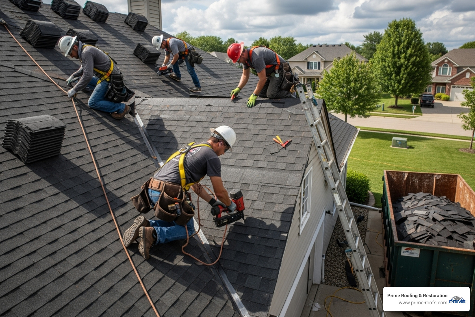 the Prime Roofing & Restoration team working on a roof - how much does a new roof cost the Prime Roofing & Restoration team working on a roof - how much does a new roof cost