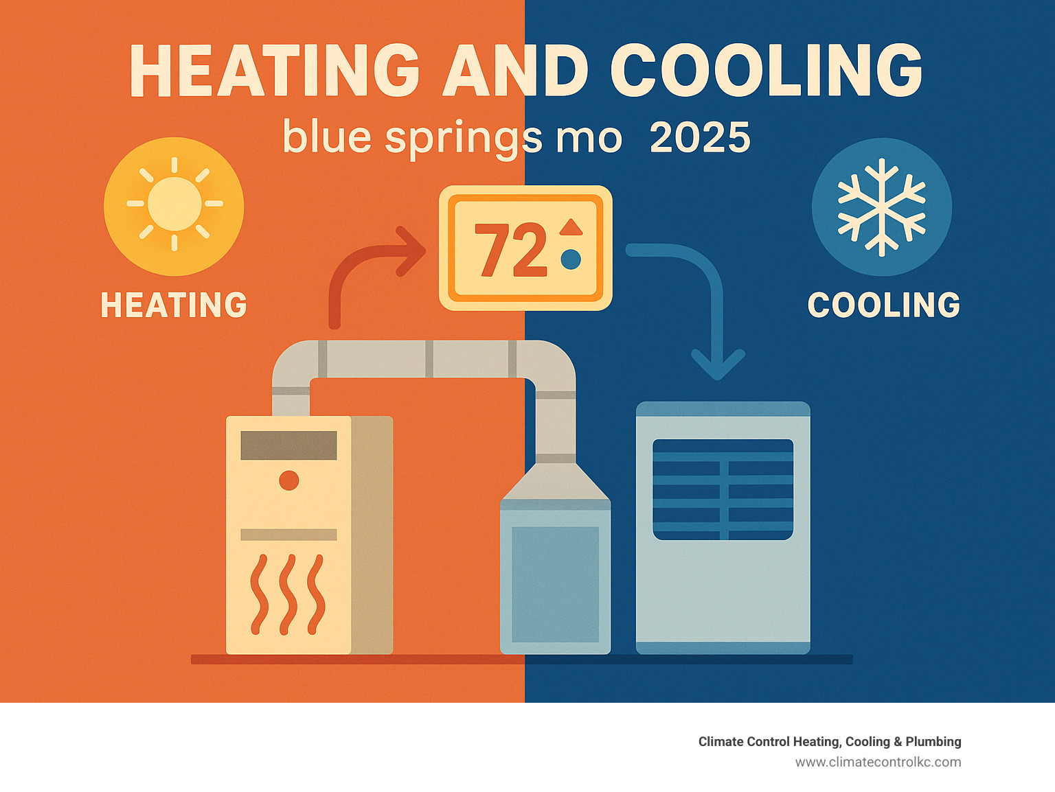 Comprehensive infographic showing the basic components of an HVAC system including furnace, air conditioner, ductwork, and thermostat with arrows indicating airflow patterns and seasonal operation modes for heating and cooling - heating and cooling blue springs mo infographic 