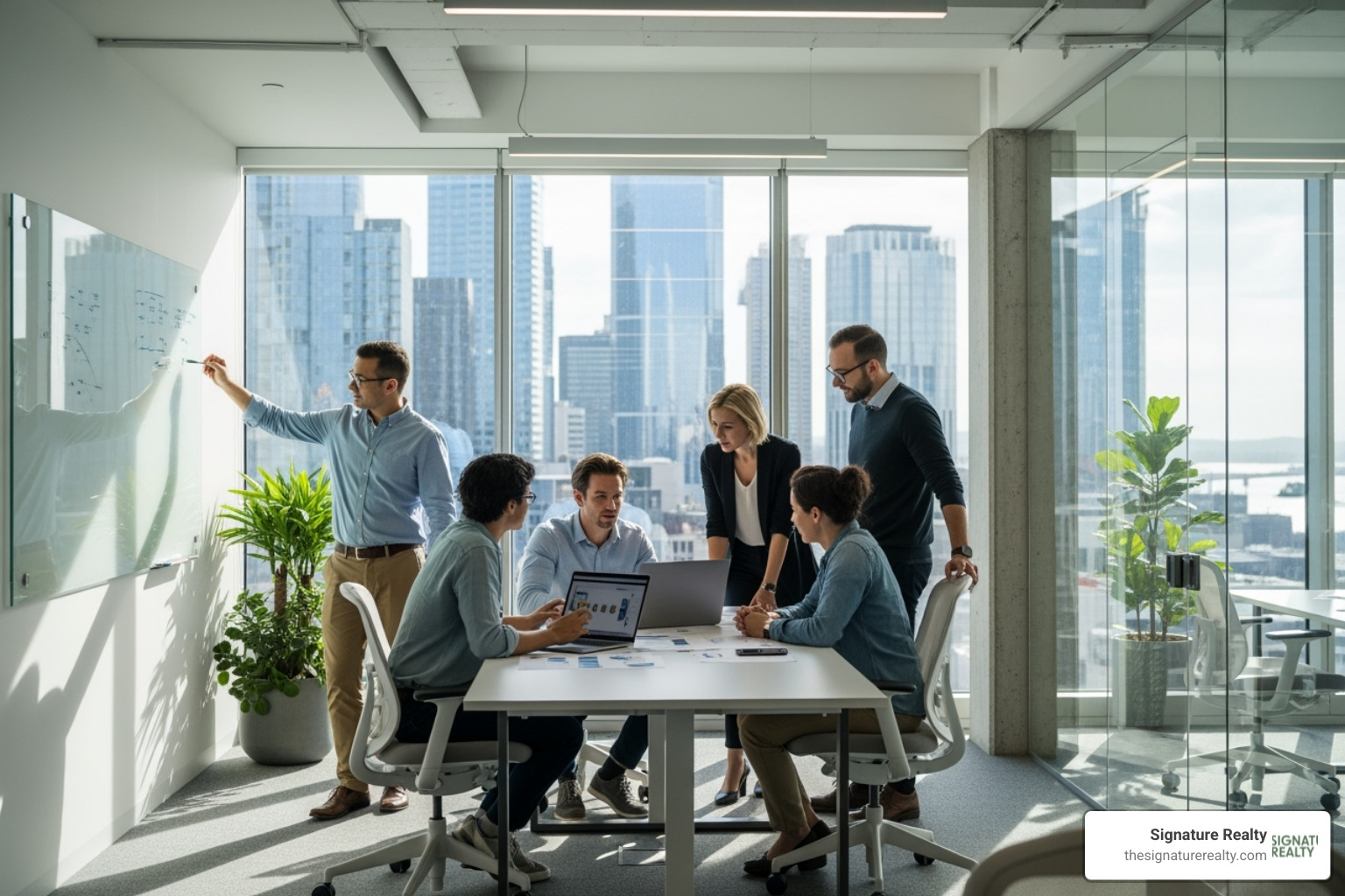 Team collaborating in bright, modern office with city view - office space brickell Team collaborating in bright, modern office with city view - office space brickell