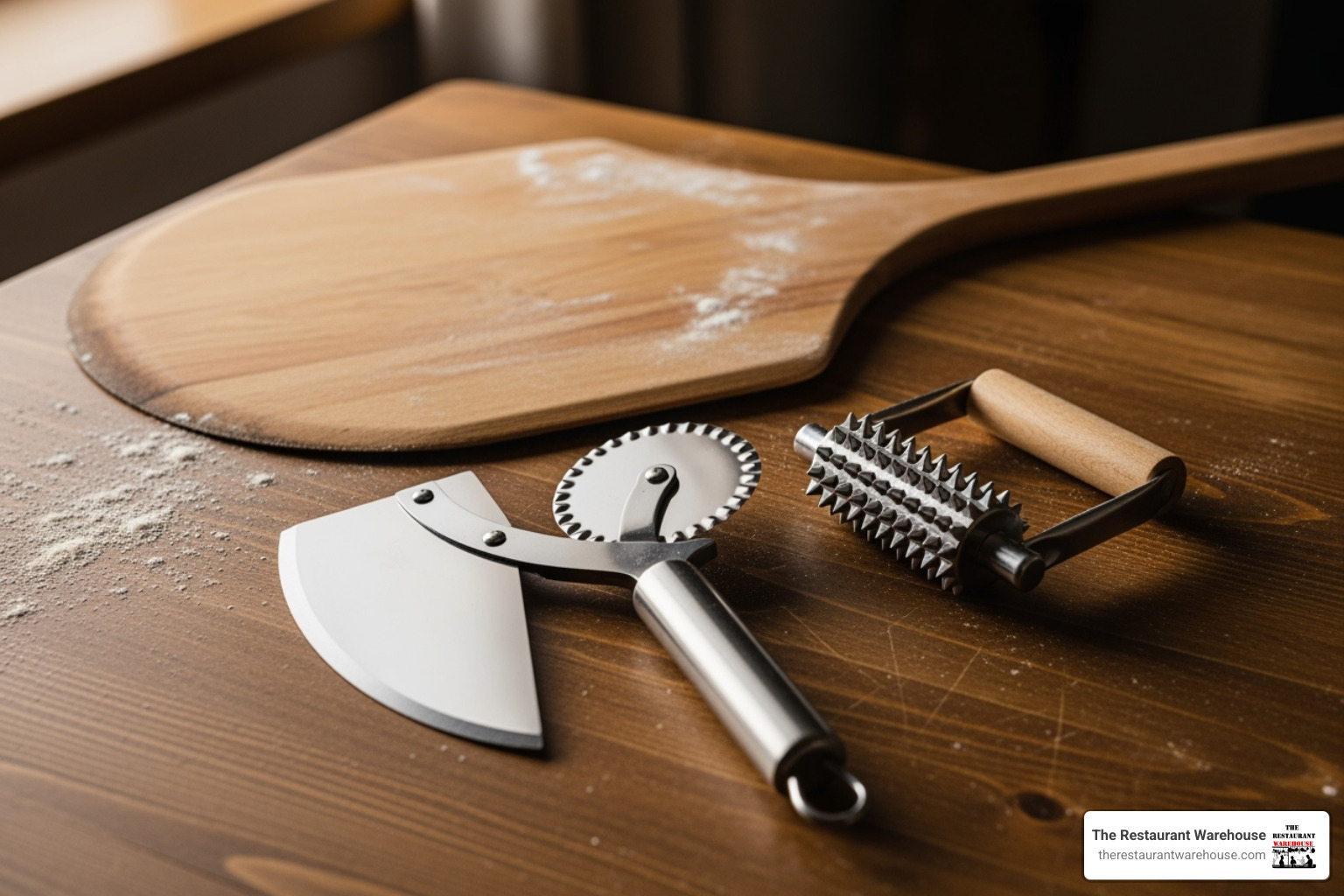 An assortment of essential pizza tools, including a wooden pizza peel, a stainless steel rocker cutter, and a dough docker, arranged on a rustic table. - pizza equipment supplier
