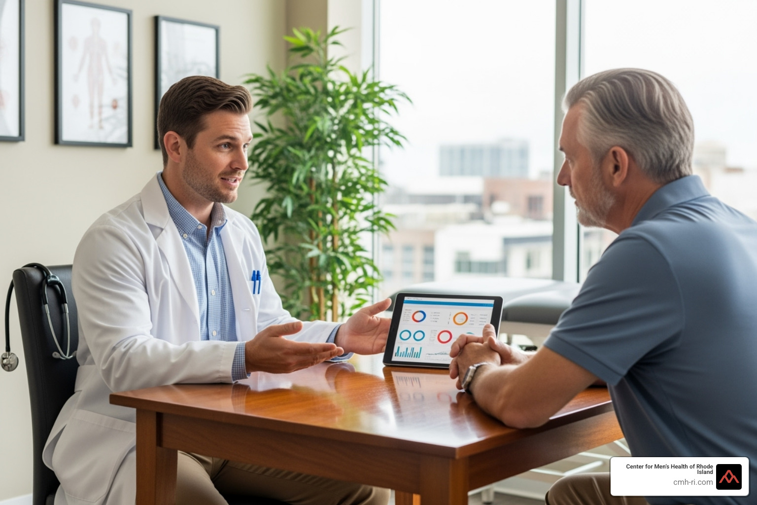 Healthcare professional consulting with a male patient in a clinic setting, discussing test results and treatment options - fatigue from low testosterone Healthcare professional consulting with a male patient in a clinic setting, discussing test results and treatment options - fatigue from low testosterone