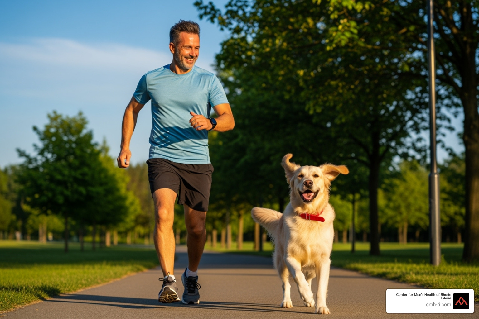 A man with a vibrant smile, full of energy, exercising outdoors with a dog, reflecting renewed vitality - fatigue from low testosterone A man with a vibrant smile, full of energy, exercising outdoors with a dog, reflecting renewed vitality - fatigue from low testosterone
