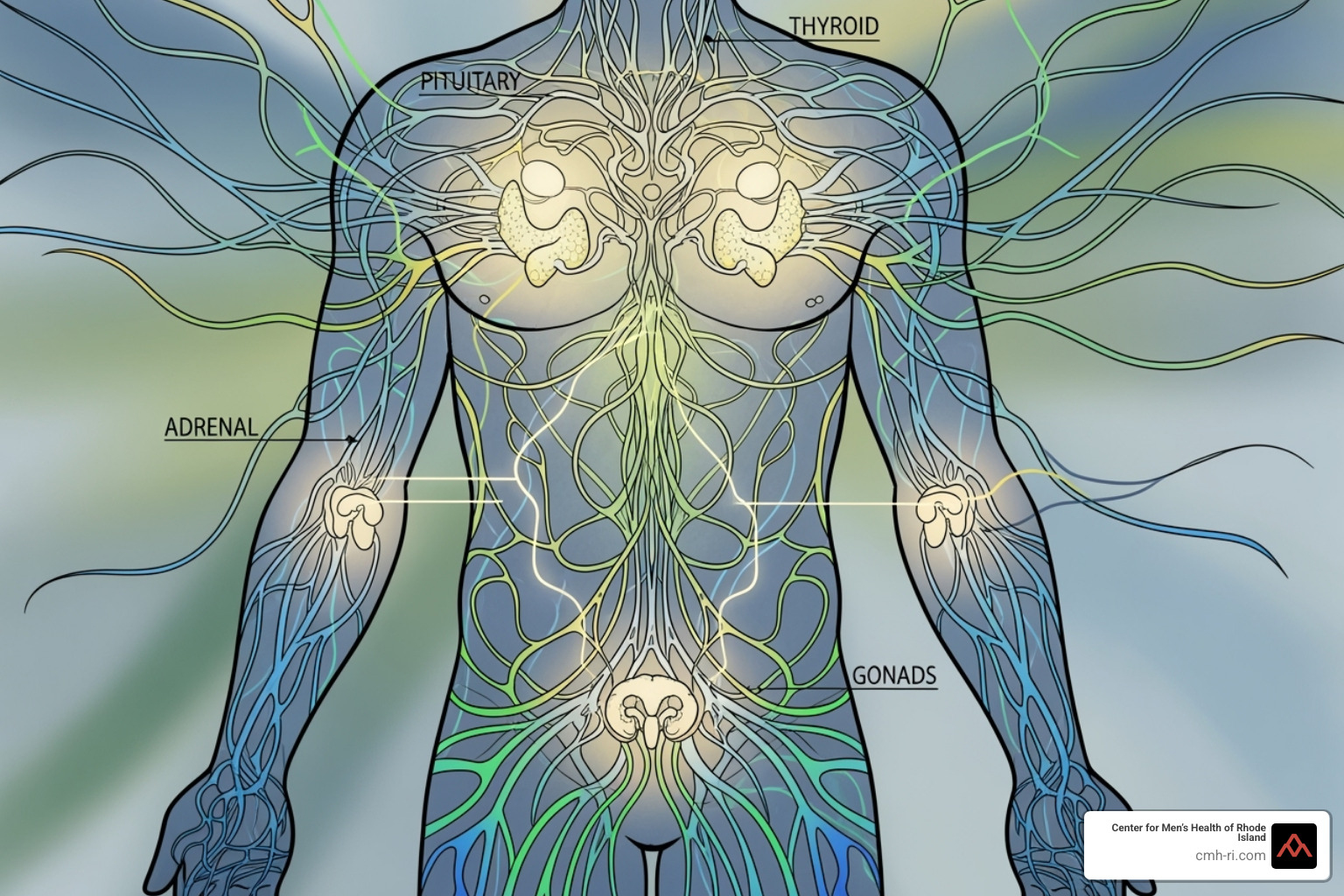 Illustration showing the intricate connection between hormonal balance and overall energy levels in the human body - fatigue from low testosterone Illustration showing the intricate connection between hormonal balance and overall energy levels in the human body - fatigue from low testosterone