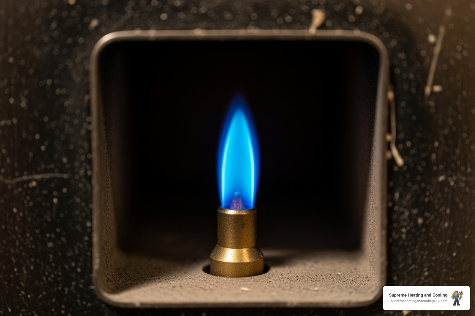 Close-up of a blue furnace pilot light flame - furnace pilot light