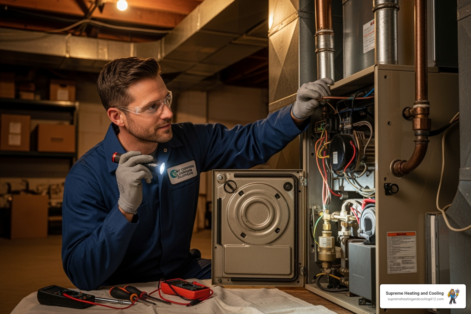 Friendly HVAC technician inspecting a furnace - furnace pilot light