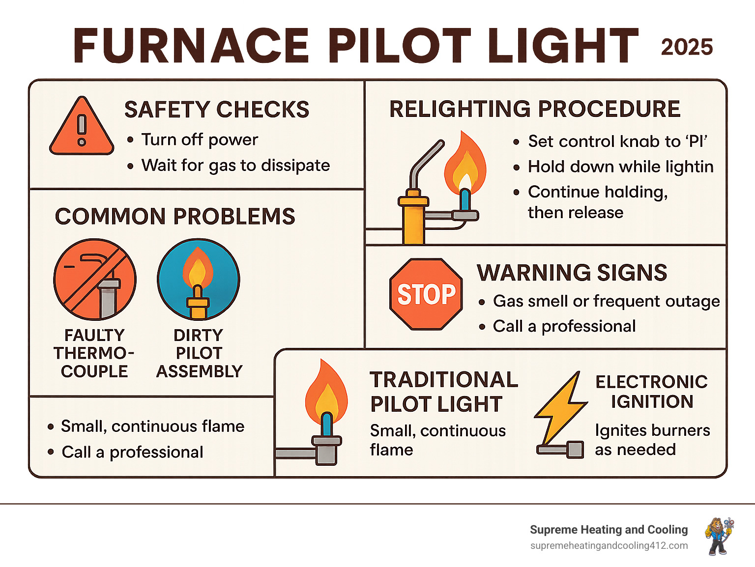 Comprehensive infographic showing step-by-step pilot light troubleshooting process, including safety checks, relighting procedure, common problems like faulty thermocouple and dirty assembly, warning signs that require professional help, and comparison between traditional pilot lights versus electronic ignition systems - furnace pilot light infographic 