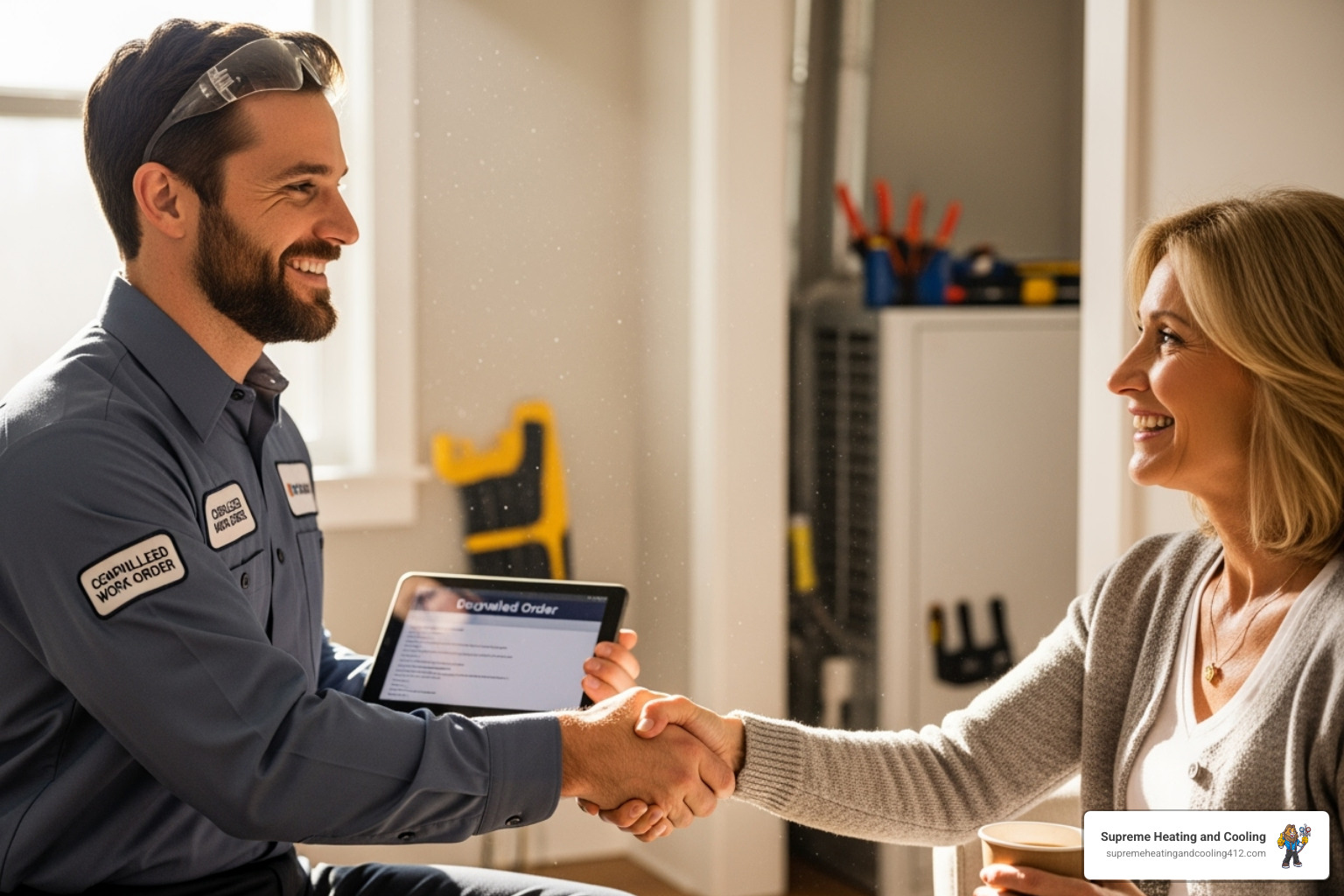 A friendly HVAC technician shaking hands with a satisfied homeowner, indicating trust and quality service - professional heating service