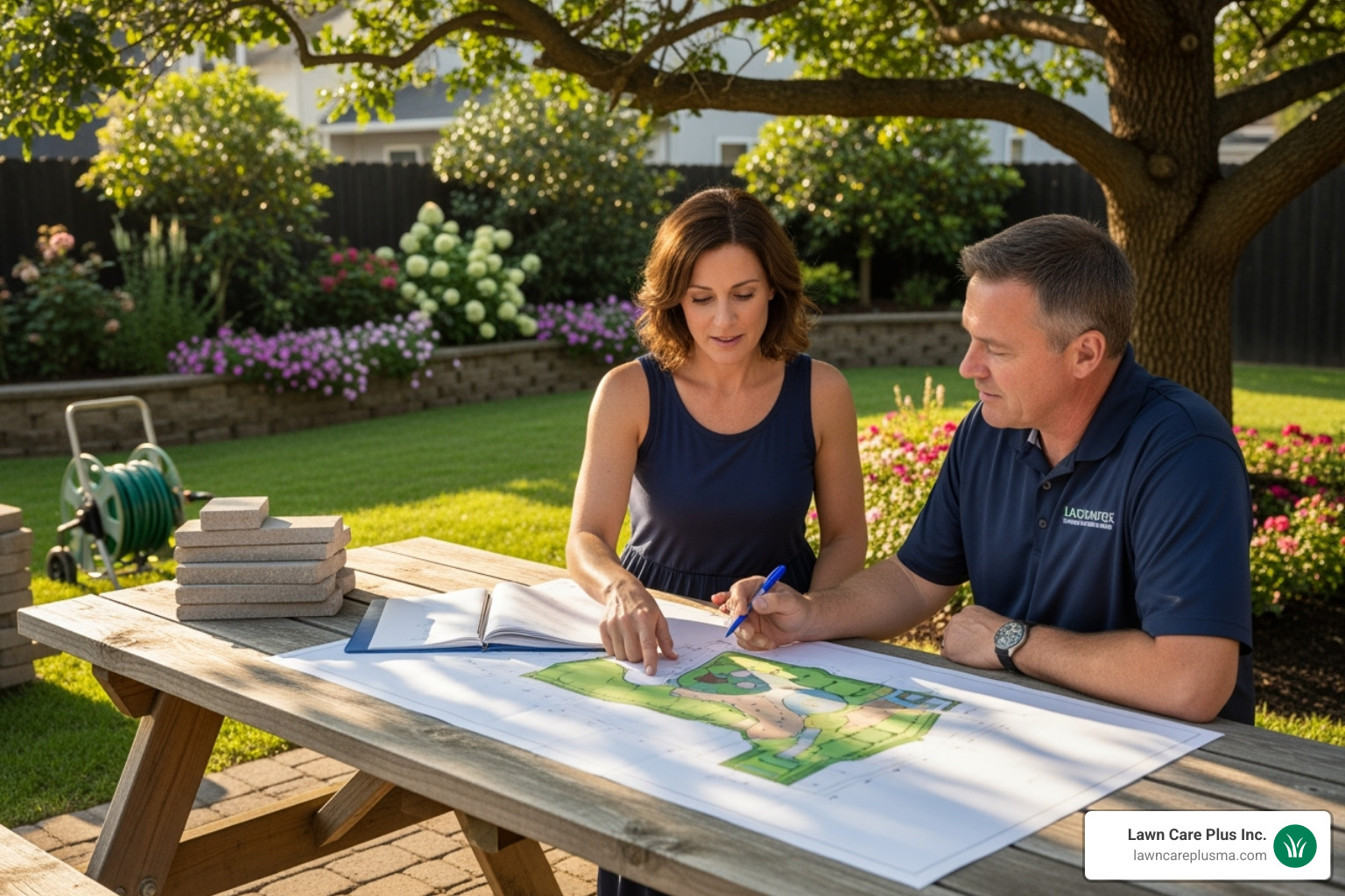 of a homeowner reviewing a landscaping quote with a contractor - landscaper near me