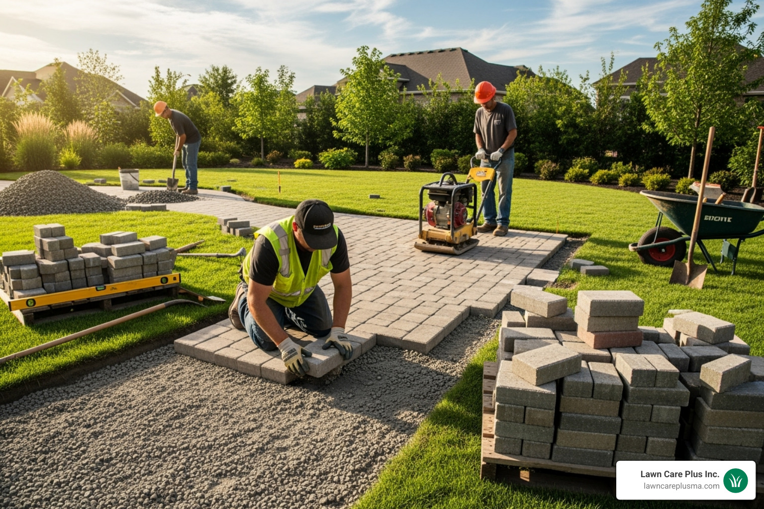 of a landscaping crew installing a paver walkway - landscaper near me