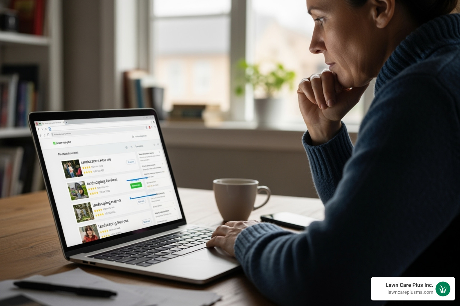 of a person searching for landscapers on a laptop - landscaper near me
