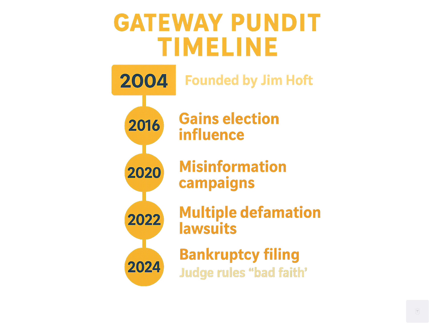Infographic showing Gateway Pundit timeline from 2004 founding through major controversies including 2016 election influence, 2020 misinformation campaigns, multiple defamation lawsuits, 2024 bankruptcy filing, and judge's "bad faith" ruling - gateway pundit infographic 
