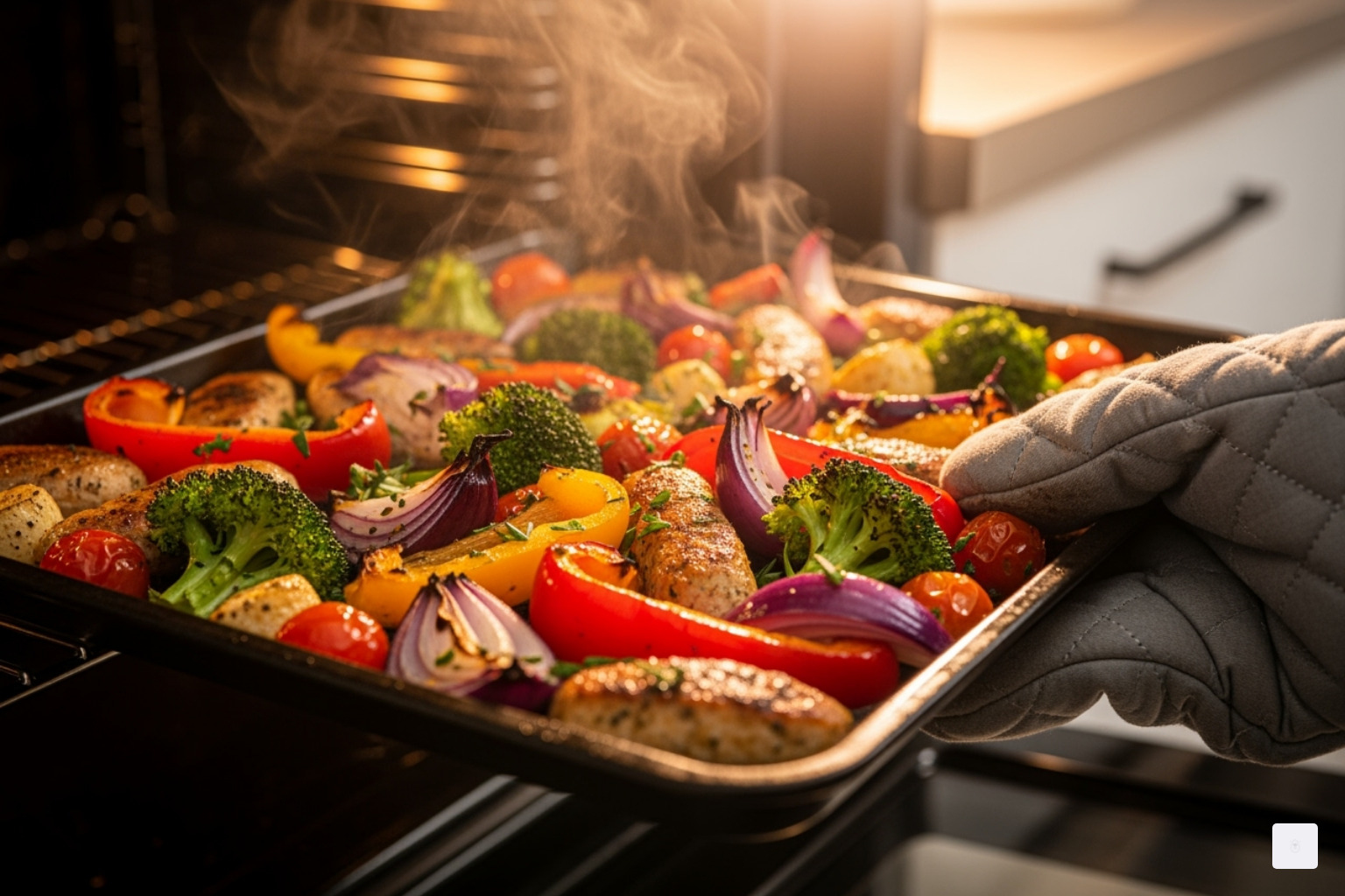 a vibrant sheet-pan meal coming out of the oven - dinner ideas