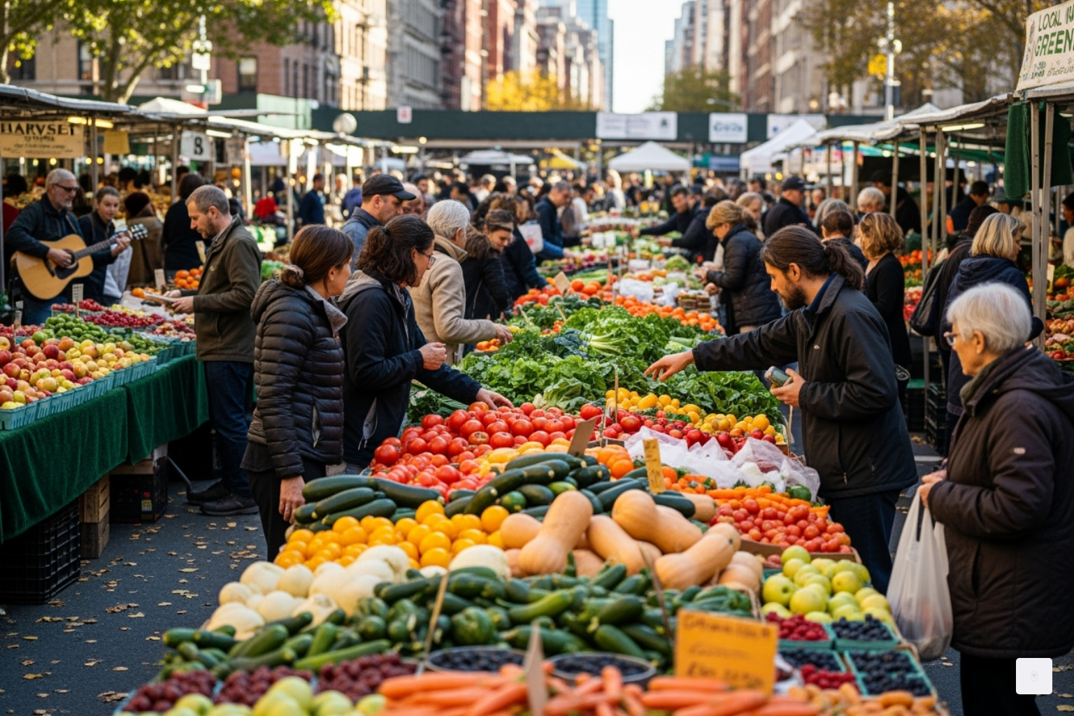 fresh, colorful produce at a NYC farmers' market like Union Square Greenmarket - dinner ideas