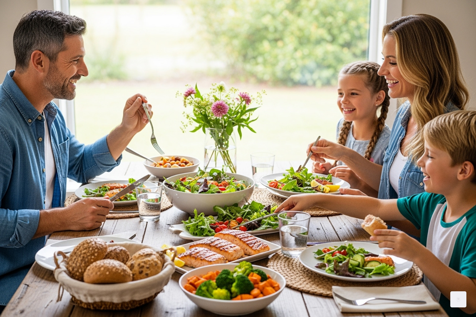a family happily eating a colorful and healthy meal together - dinner ideas