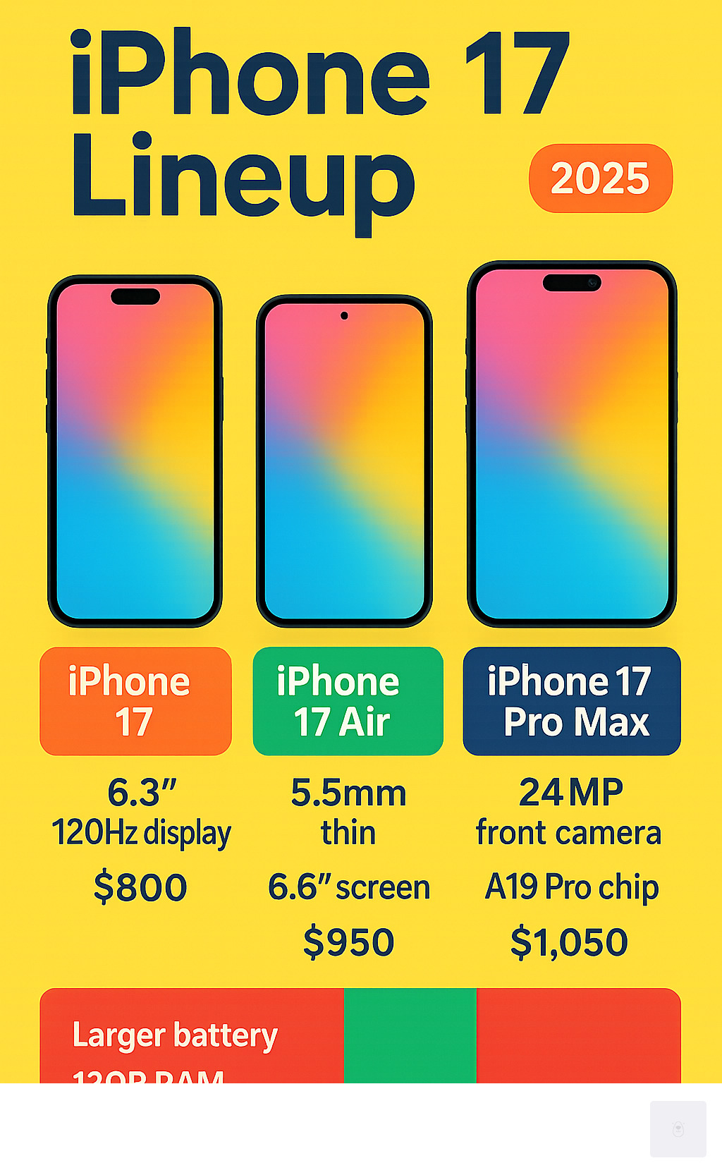 Infographic showing iPhone 17 lineup with key features: iPhone 17 (6.3" 120Hz display, $800), iPhone 17 Air (5.5mm thin, 6.6" screen, $950), iPhone 17 Pro (24MP front camera, A19 Pro chip, $1,050), iPhone 17 Pro Max (larger battery, 12GB RAM, $1,250) - iphone 17 infographic 
