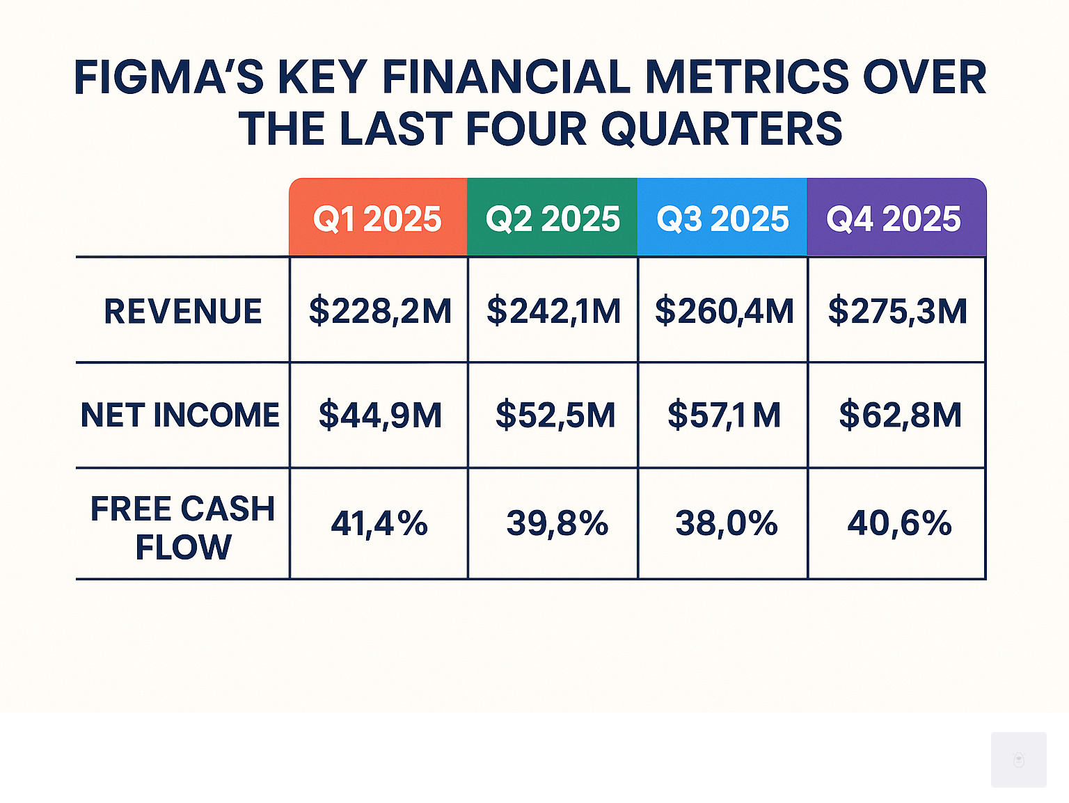 Table comparing Figma's key financial metrics over the last four quarters - figma stock infographic 