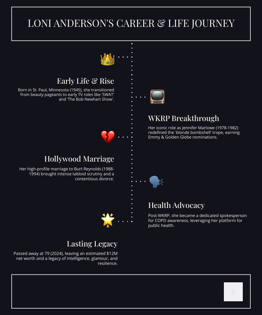 Comprehensive timeline showing Loni Anderson's journey from 1945 Minnesota birth through beauty pageants, WKRP breakthrough, Hollywood marriages, advocacy work, and 2024 passing, with key achievements and personal milestones marked chronologically - Loni Anderson infographic infographic-line-5-steps-dark