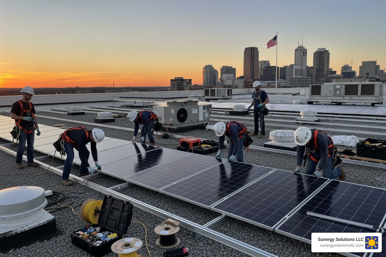 professional solar installation crew safely working on a large, flat commercial roof in the United States - commercial solar company in ma professional solar installation crew safely working on a large, flat commercial roof in the United States - commercial solar company in ma