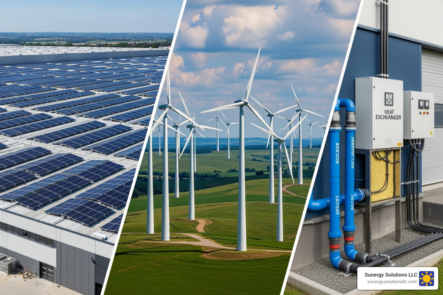 A collage showing different green energy sources: solar panels on a warehouse, a wind farm, and a geothermal heat pump system - green energy for businesses