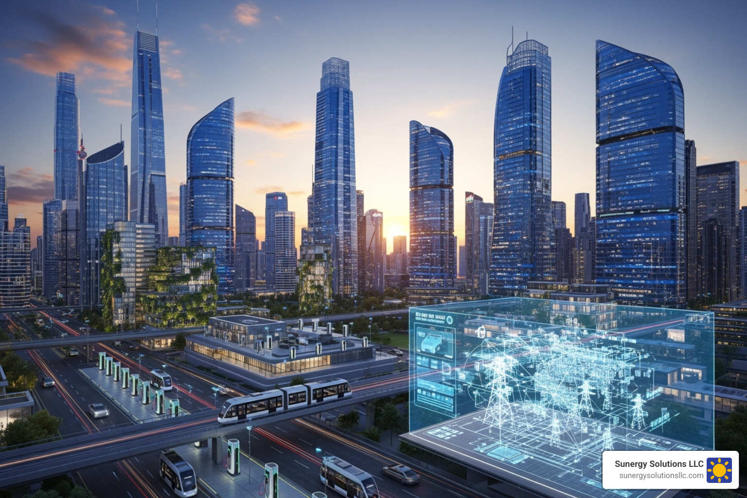 A futuristic concept combining solar panels, EV charging stations, and a smart grid interface - green energy for businesses