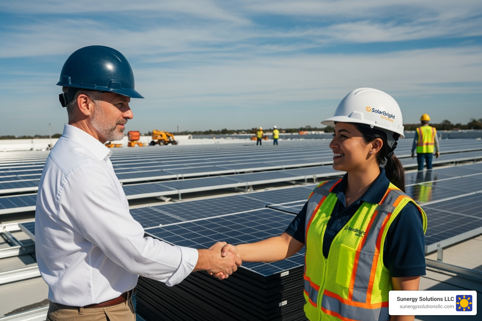 business owner in a hard hat shaking hands with a solar project manager on-site - commercial solar company in ma business owner in a hard hat shaking hands with a solar project manager on-site - commercial solar company in ma