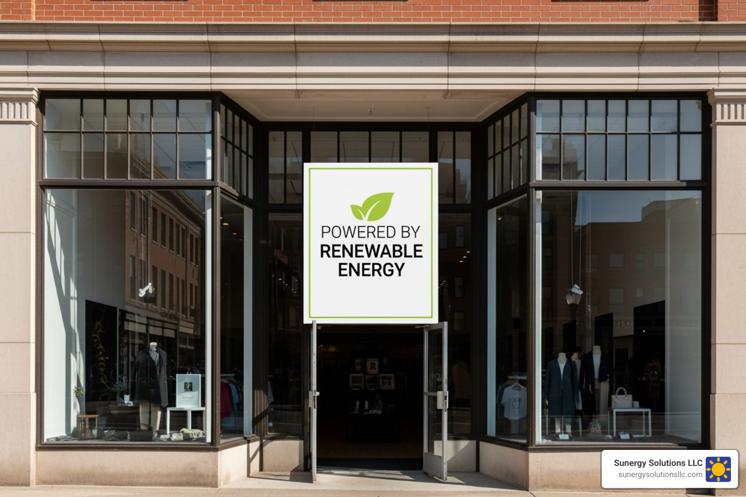 A US retail storefront with a "We're Powered by 100% Renewable Energy" sign in the window - green energy for businesses