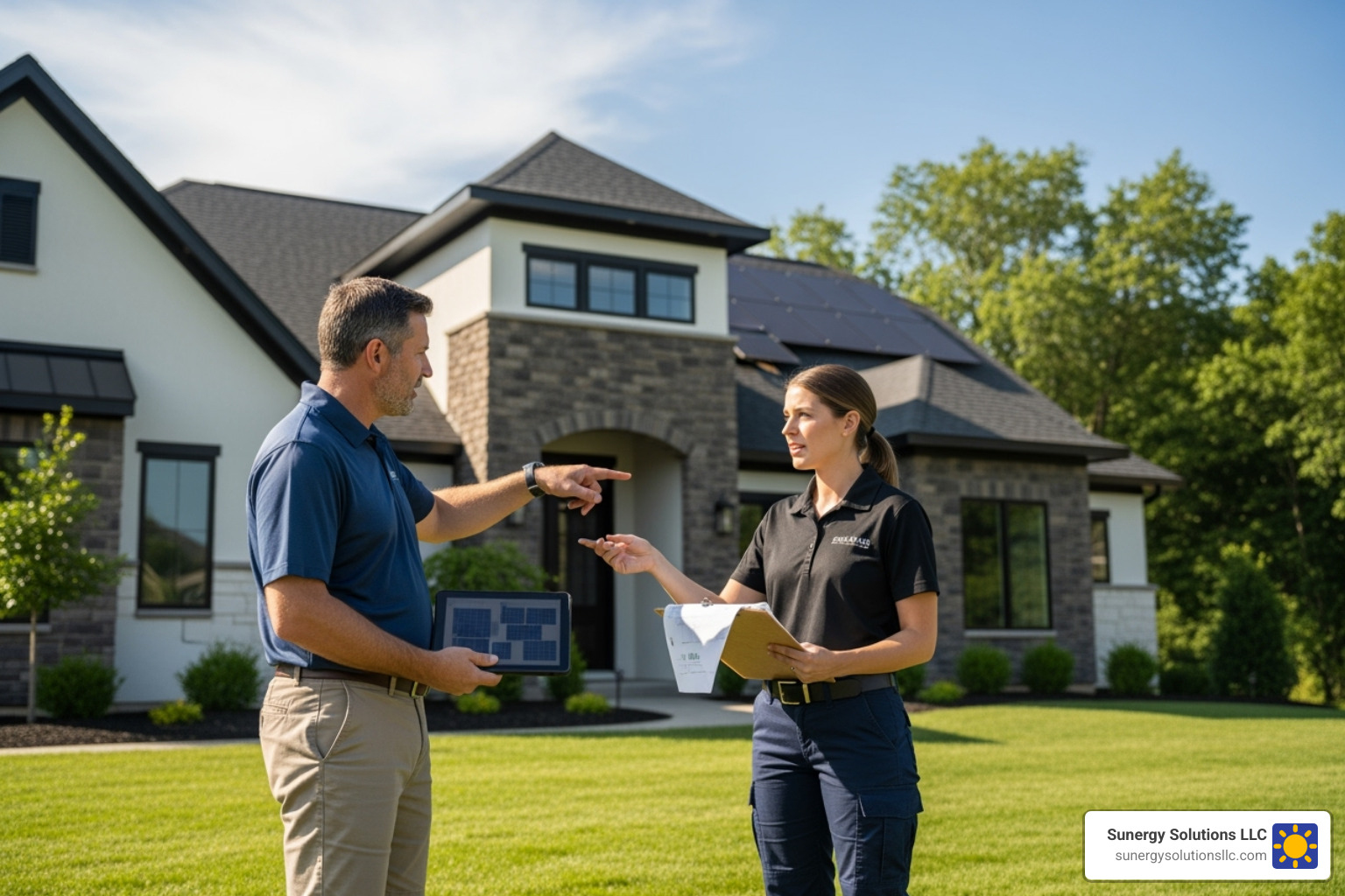A homeowner discussing a solar plan with a professional installer in front of a house. - ri solar companies A homeowner discussing a solar plan with a professional installer in front of a house. - ri solar companies