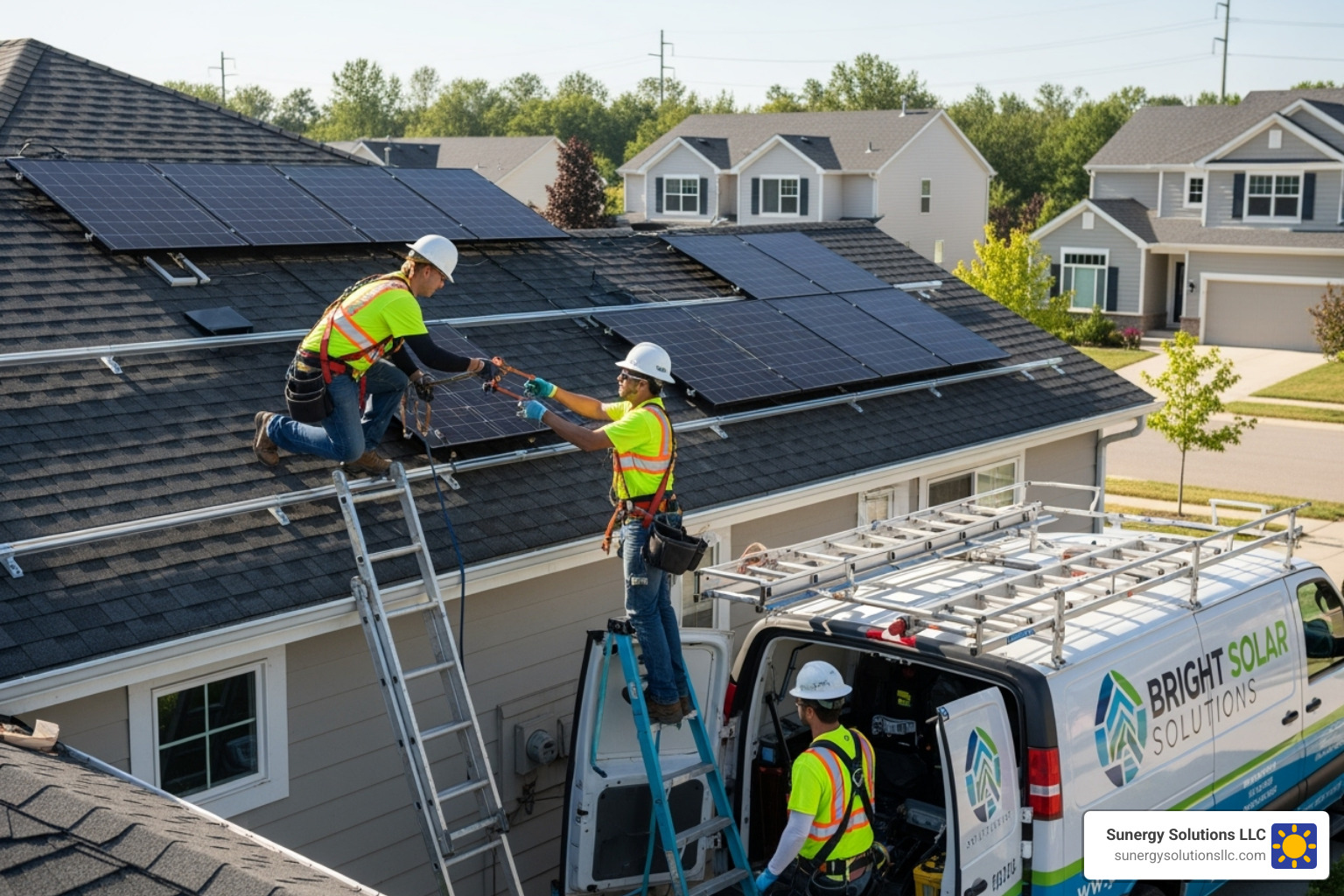 A professional solar installation crew safely working on a residential roof in the US. - ri solar companies A professional solar installation crew safely working on a residential roof in the US. - ri solar companies