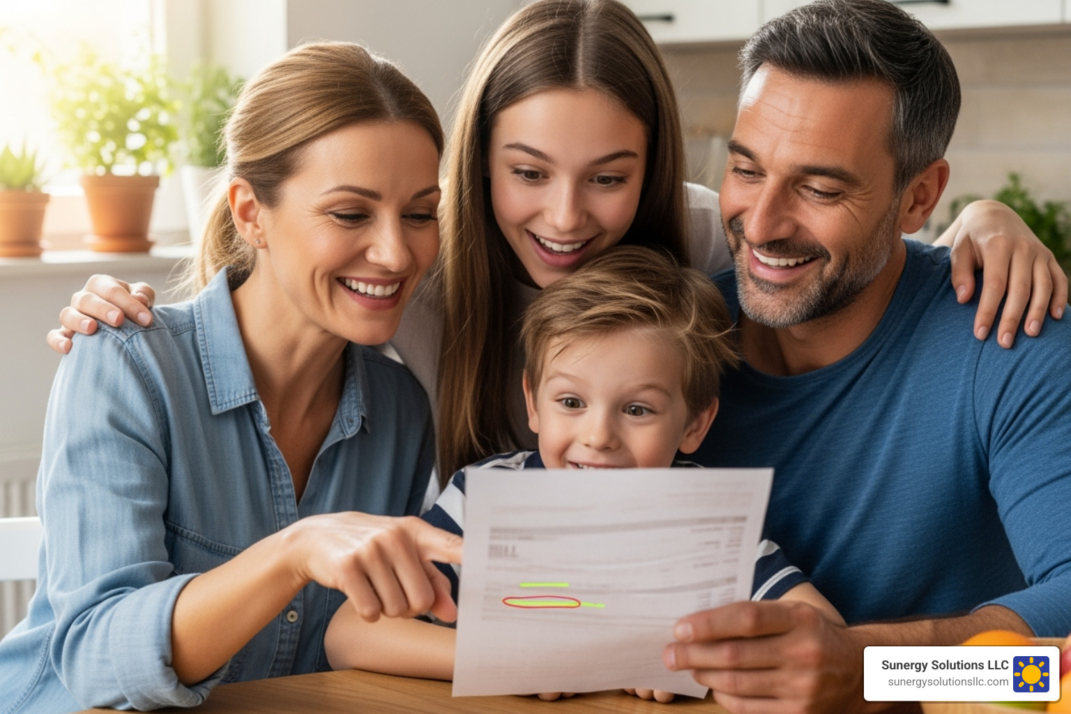 A family smiling while reviewing their significantly lower electricity bill. - ri solar companies A family smiling while reviewing their significantly lower electricity bill. - ri solar companies