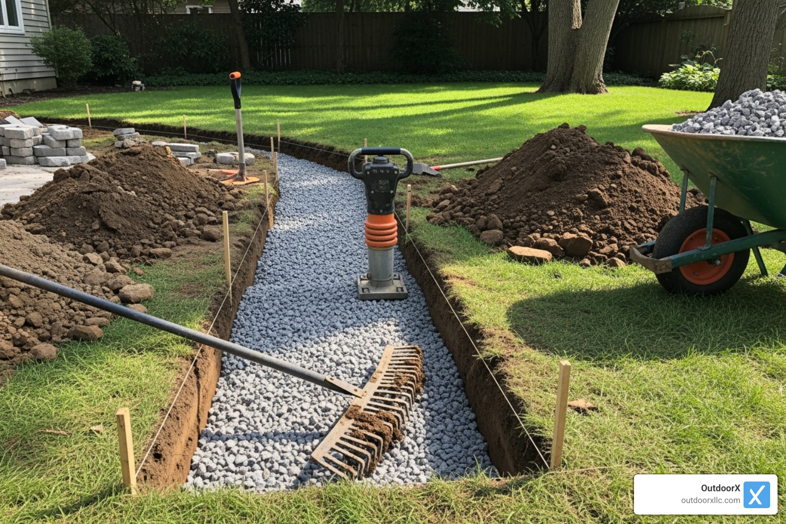 excavation and base preparation phase of a walkway installation - laying a bluestone walkway