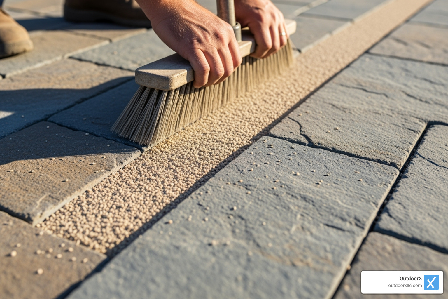 polymeric sand being swept into the joints of a newly laid bluestone walkway - laying a bluestone walkway