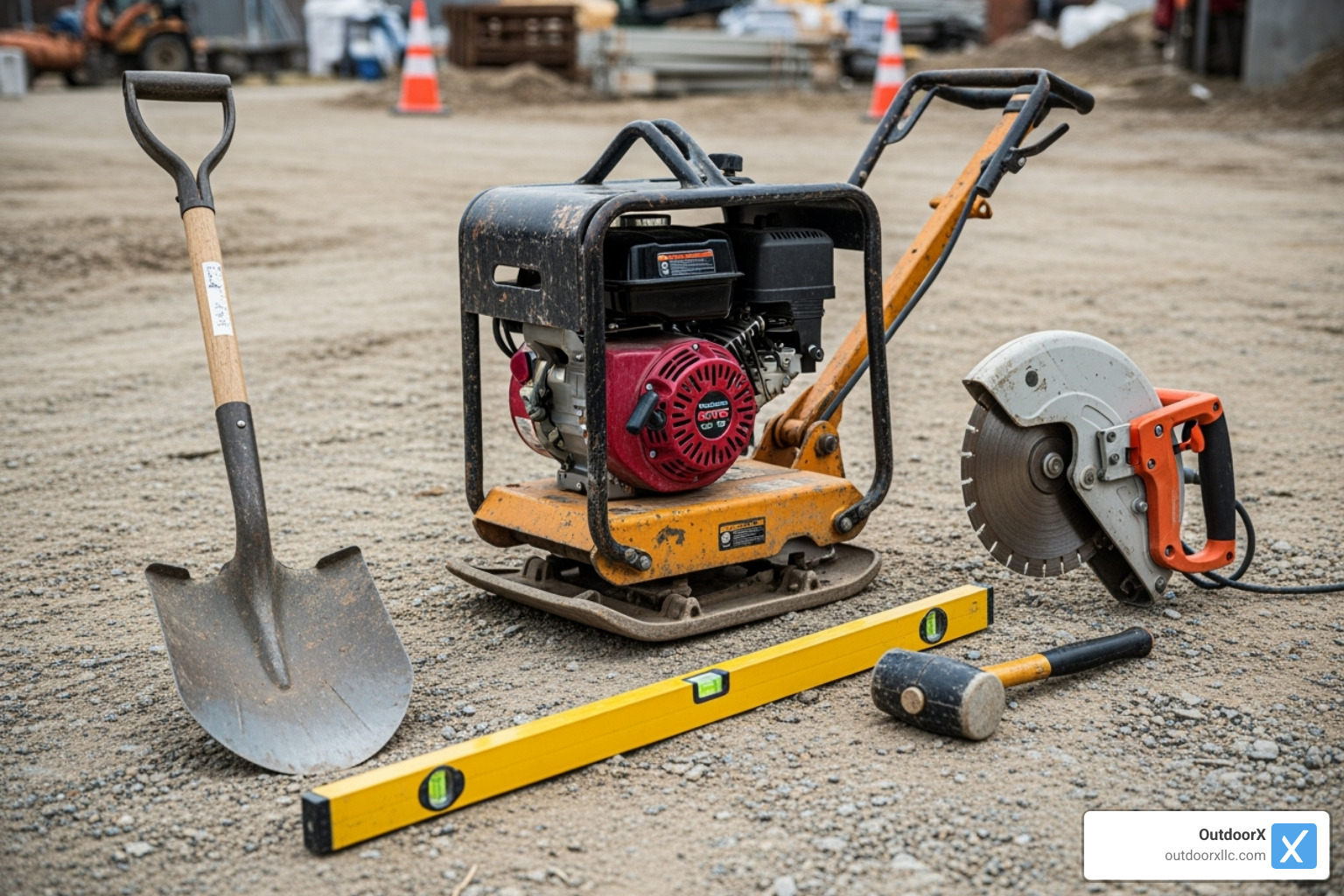 essential tools laid out: shovel, plate compactor, level, rubber mallet, masonry saw - laying a bluestone walkway