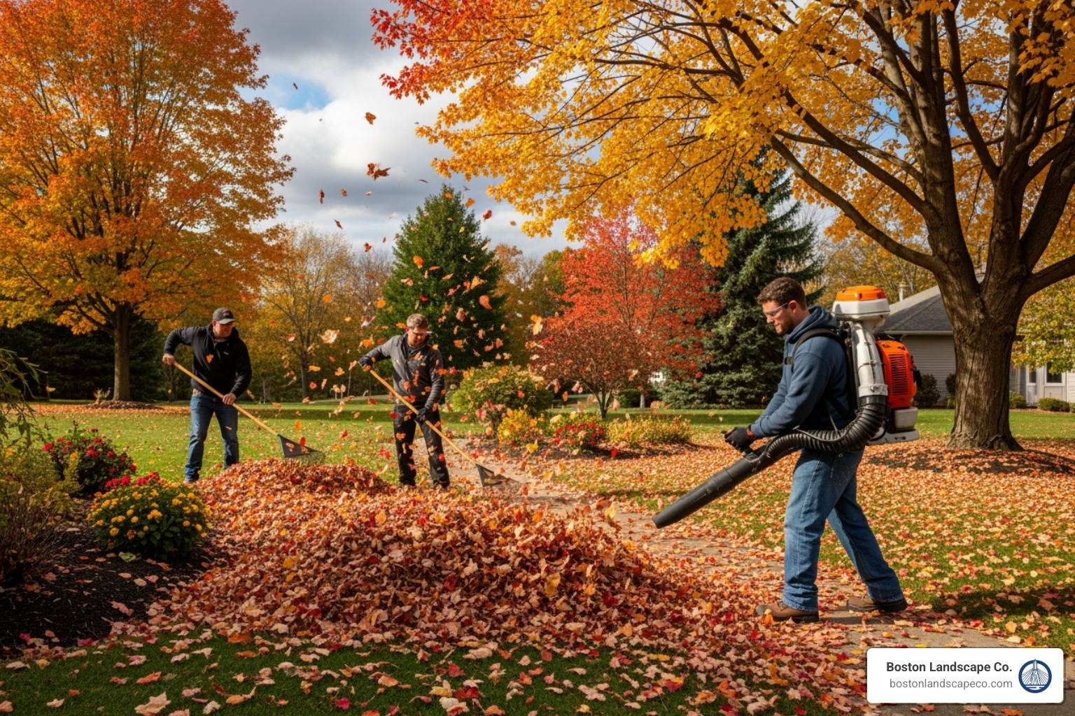 A landscaping crew performing a fall cleanup with rakes and leaf blowers in a yard with colorful autumn trees, efficiently gathering leaves - landscape maintenance and snow removal