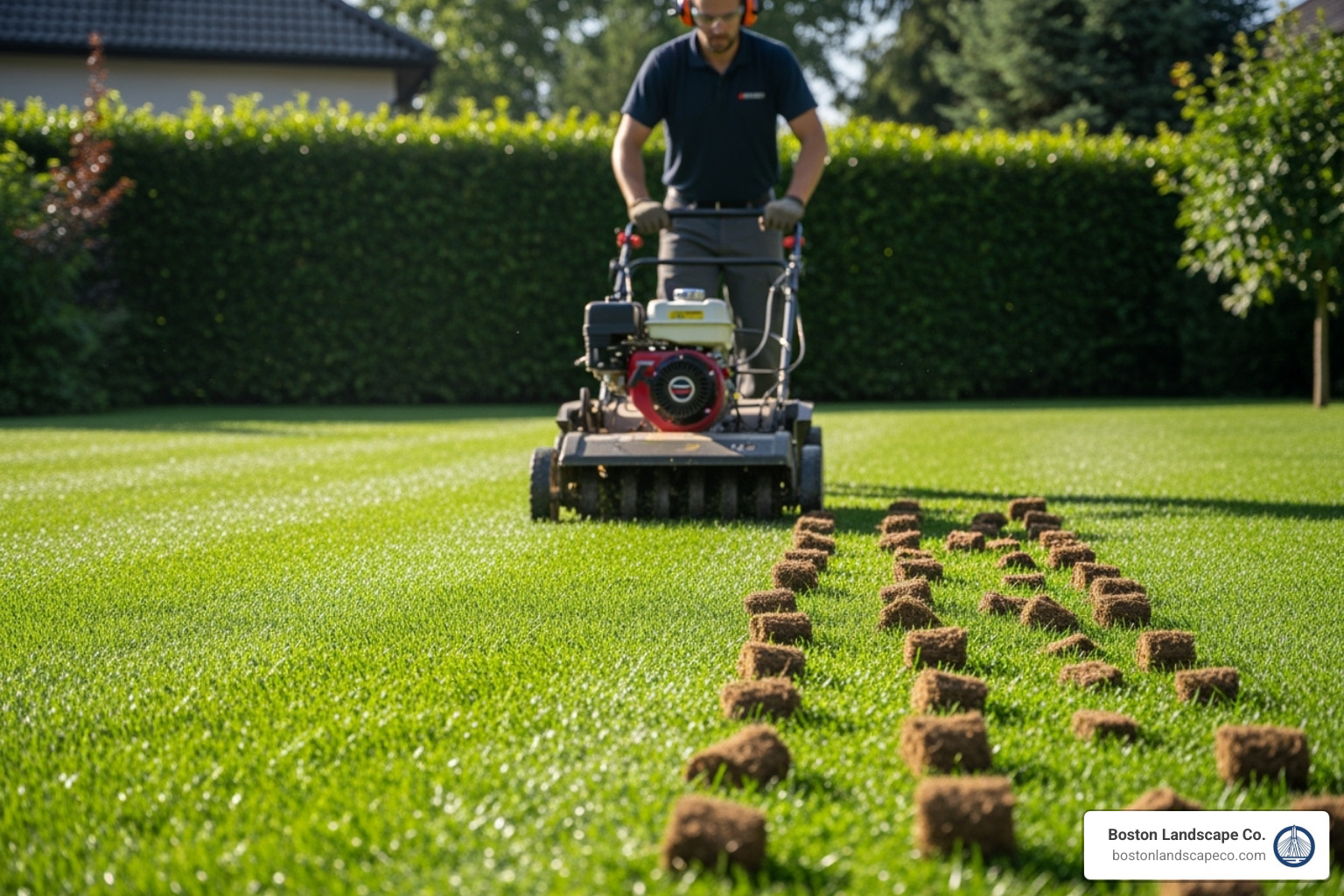 A technician aerating a lush green lawn using a professional aeration machine, showing the plugs of soil being removed - landscape maintenance and snow removal