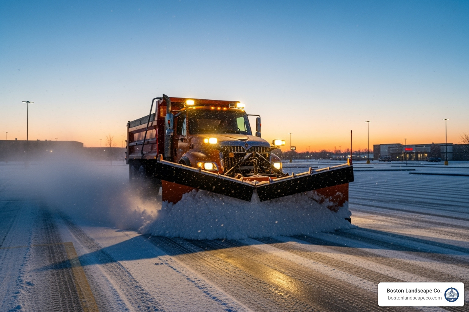 A commercial snow plow clearing a parking lot at dawn, with bright headlights illuminating the snow-covered asphalt - landscape maintenance and snow removal
