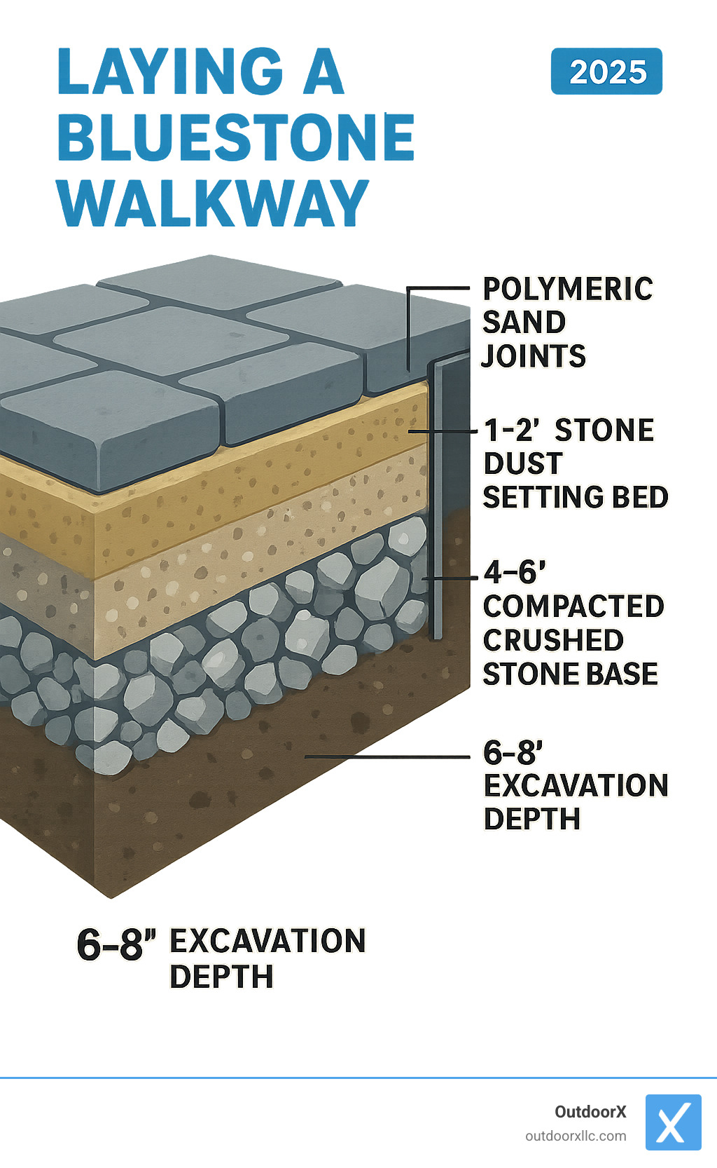 Detailed cross-section diagram showing the proper layers for bluestone walkway installation: 6-8 inch excavation depth, 4-6 inch compacted crushed stone base, 1-2 inch stone dust setting bed, bluestone pavers with gaps, polymeric sand joints, and steel edging containment - laying a bluestone walkway infographic 