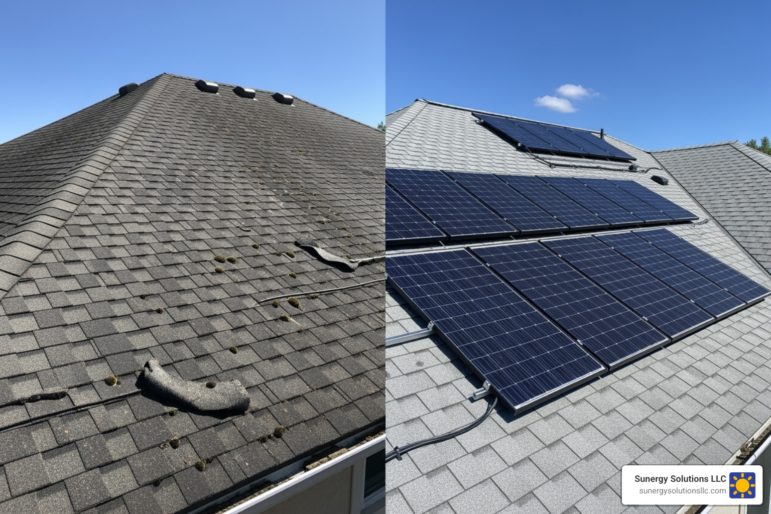 split-screen showing an old roof on one side and a new roof with solar panels on the other - roofing and solar installation split-screen showing an old roof on one side and a new roof with solar panels on the other - roofing and solar installation