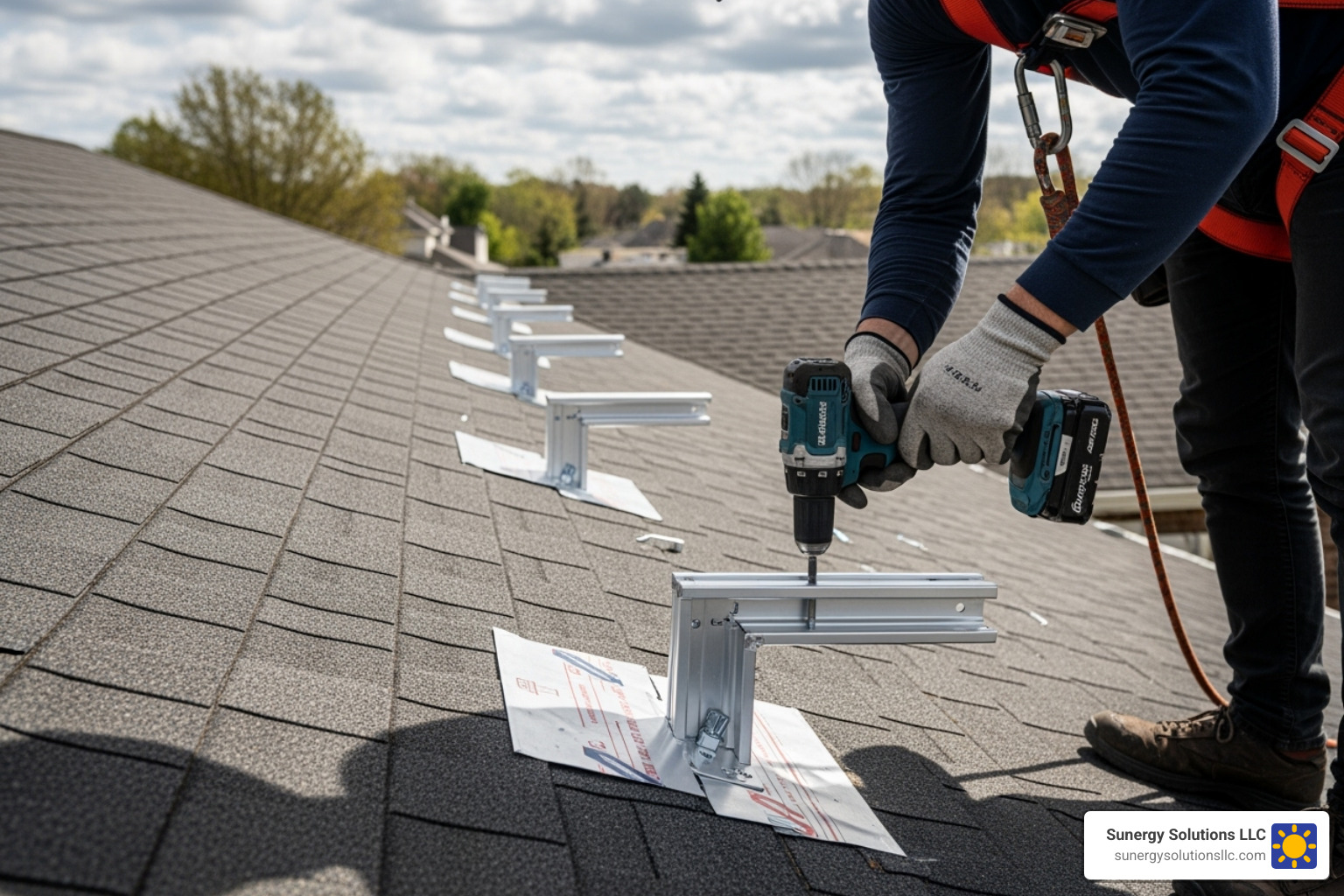 professional installer securing a solar panel mount onto a new roof - roofing and solar installation professional installer securing a solar panel mount onto a new roof - roofing and solar installation