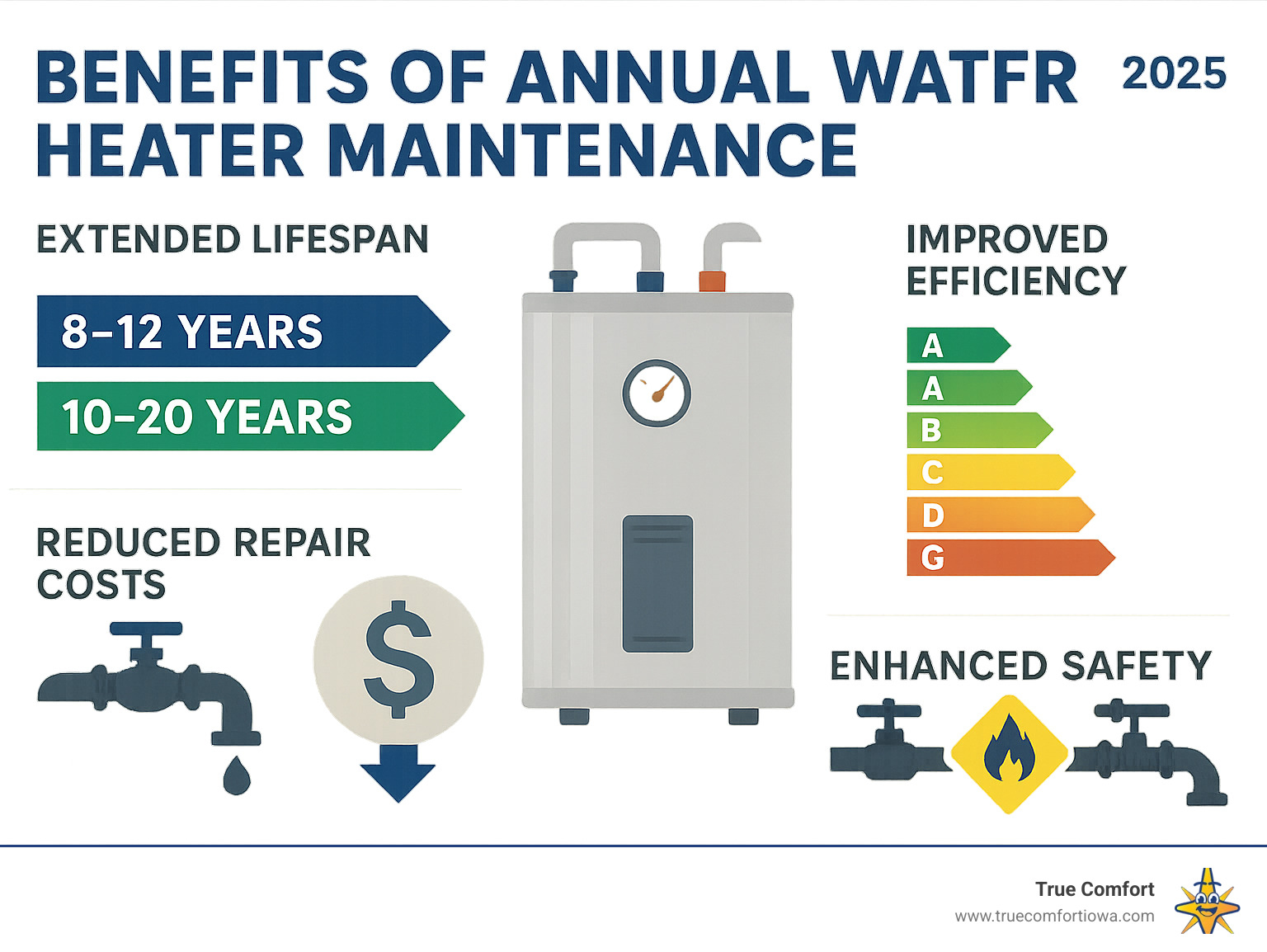Annual water heater maintenance benefits infographic showing extended lifespan from 8-12 years to 10-20 years, improved energy efficiency ratings, reduced repair costs, and improved safety through proper testing of relief valves and gas connections - water heater annual service infographic 