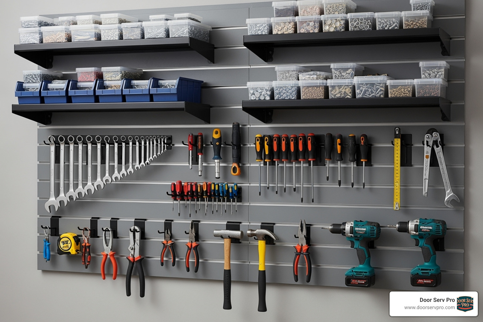 garage wall with a slatwall system, shelves, and hanging tools - Garage storage solutions