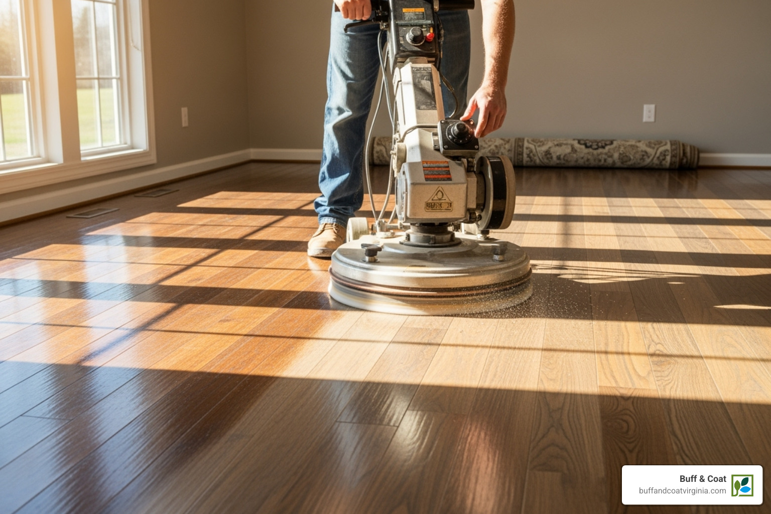Professional using a buffing machine on an engineered wood floor - refinishing engineered wood floors Professional using a buffing machine on an engineered wood floor - refinishing engineered wood floors
