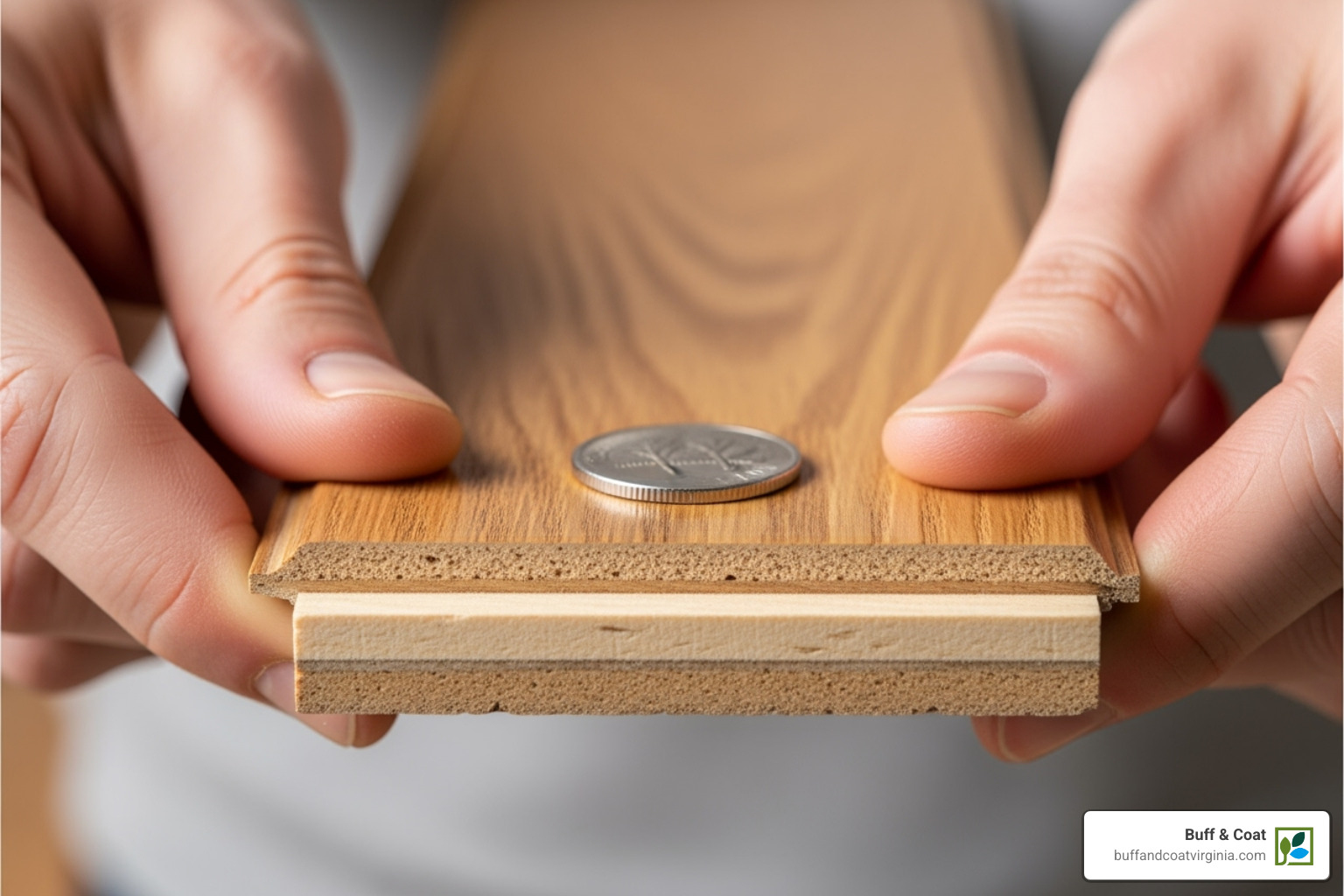 Person measuring the veneer thickness of an engineered wood plank with a coin for scale - refinishing engineered wood floors Person measuring the veneer thickness of an engineered wood plank with a coin for scale - refinishing engineered wood floors