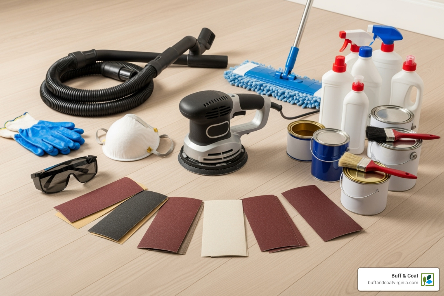 Tools and materials needed for floor refinishing laid out neatly - refinishing engineered wood floors Tools and materials needed for floor refinishing laid out neatly - refinishing engineered wood floors