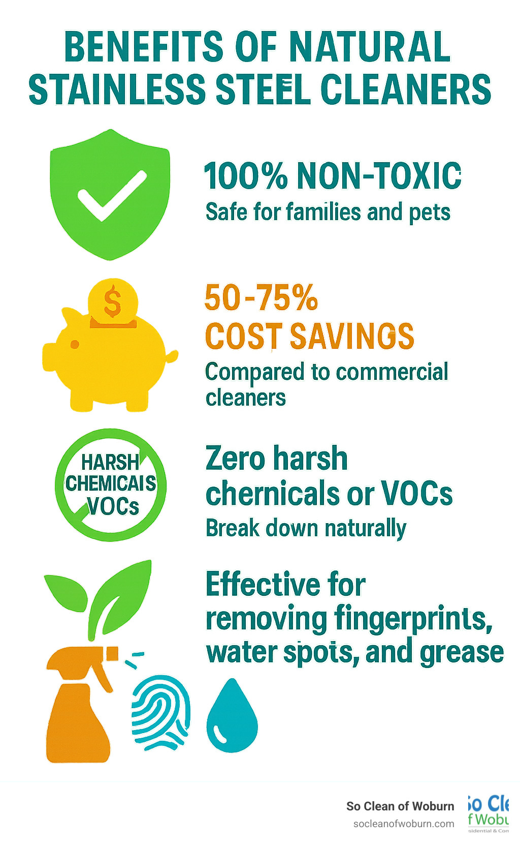Infographic showing the benefits of natural stainless steel cleaners: 100% non-toxic ingredients safe for families and pets, 50-75% cost savings compared to commercial cleaners, zero harsh chemicals or VOCs, biodegradable formulas that break down naturally, and effectiveness equal to or better than store-bought alternatives for removing fingerprints, water spots, and grease - natural stainless steel cleaner infographic 