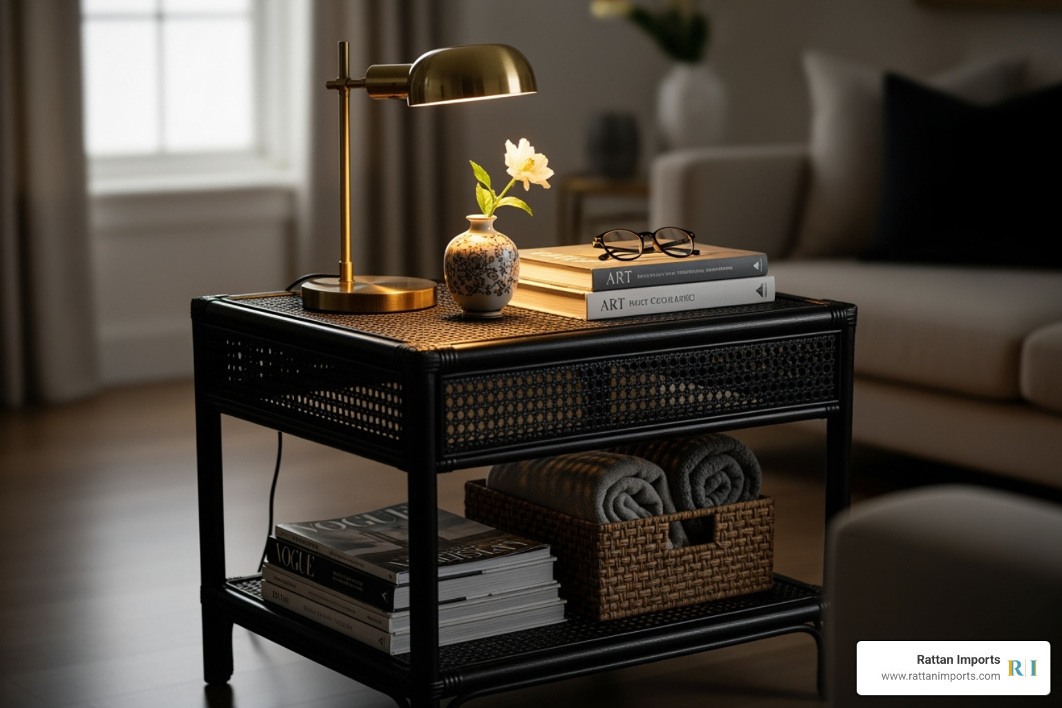 A square black rattan side table with a lamp and decor on top and magazines on the bottom shelf. - black rattan side table